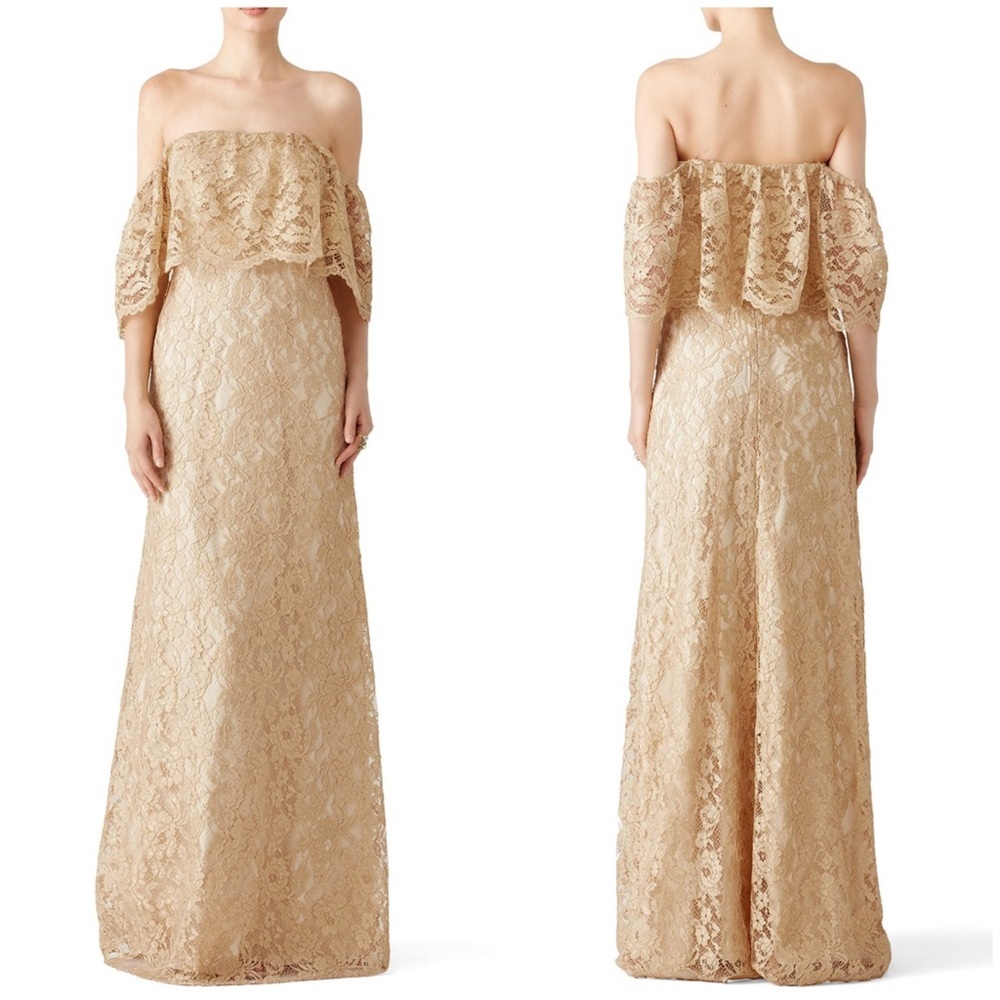 Erin Fetherston Gold Lace Off-Shoulder Formal Party Gown Prom Cocktail Dress  4